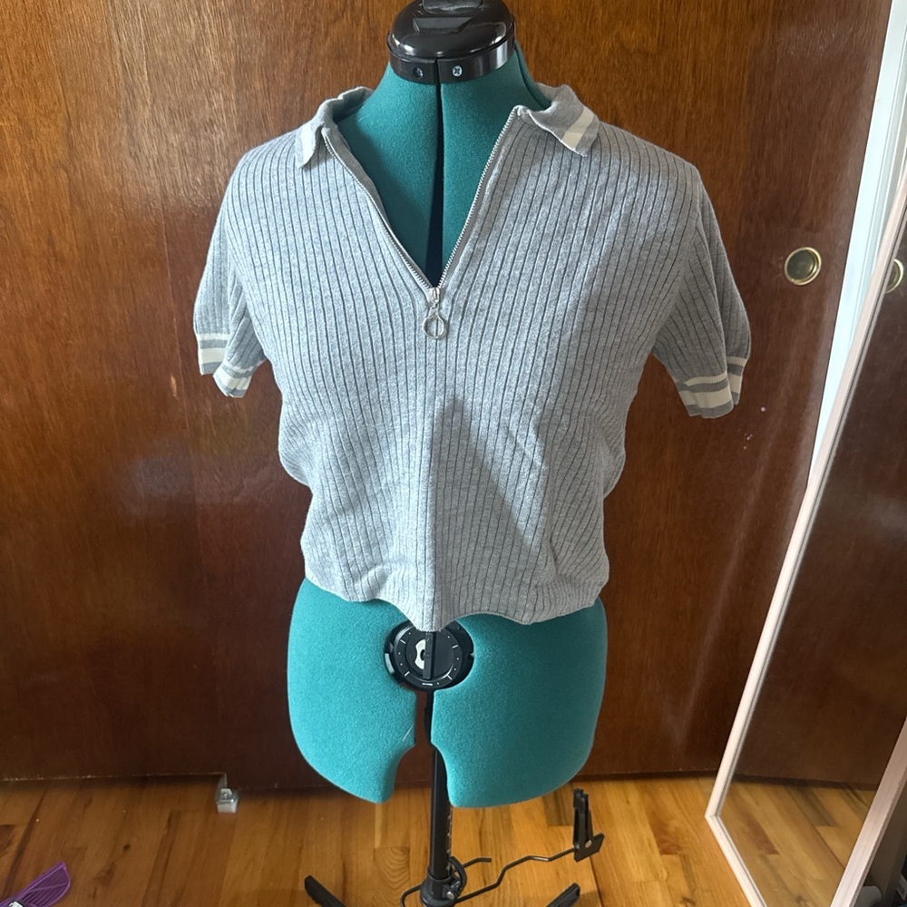 Gray Ribbed Polo Top